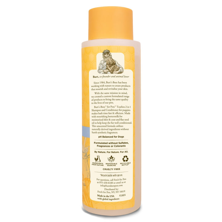 Burt's Bees for Pets Tearless Puppy 2-in-1 Shampoo and Conditioner with Buttermilk and Linseed Oil, 95% Natural Origin Formulas, Shampoo for Puppies - Gentle Puppy Shampoo Tear Free, 16 oz