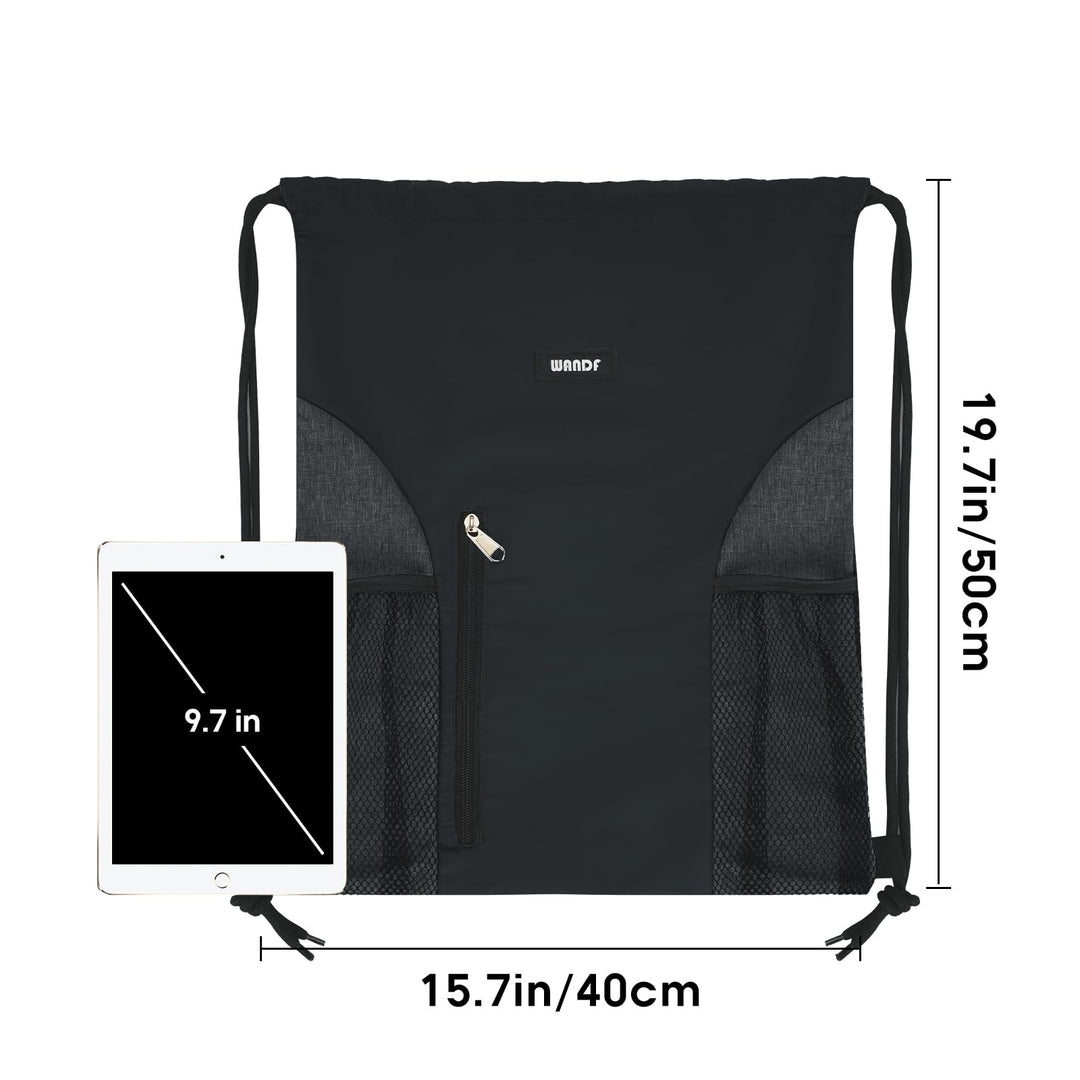 Drawstring Backpack Sports Gym Sackpack with Mesh Pockets Water Resistant String Bag for Women Men(Black)