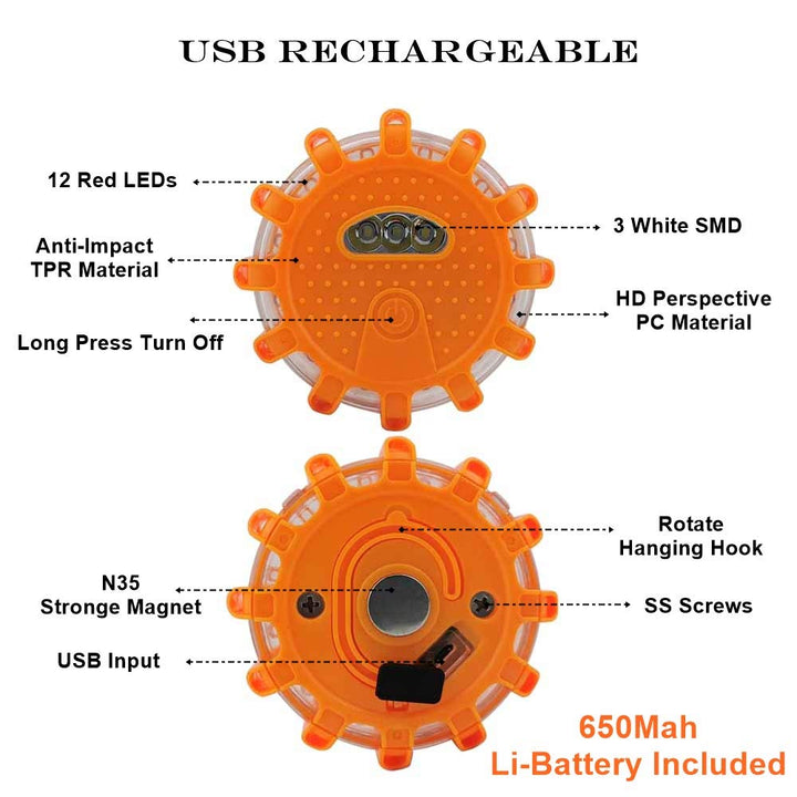 USB Rechargeable LED Road Flares Emergency Lights-Roadside Warning Car Safety Beacon Flashing Disc Flare Kit with Magnetic Base for Vehicles & Boat | 3 Beacon Disc Pack
