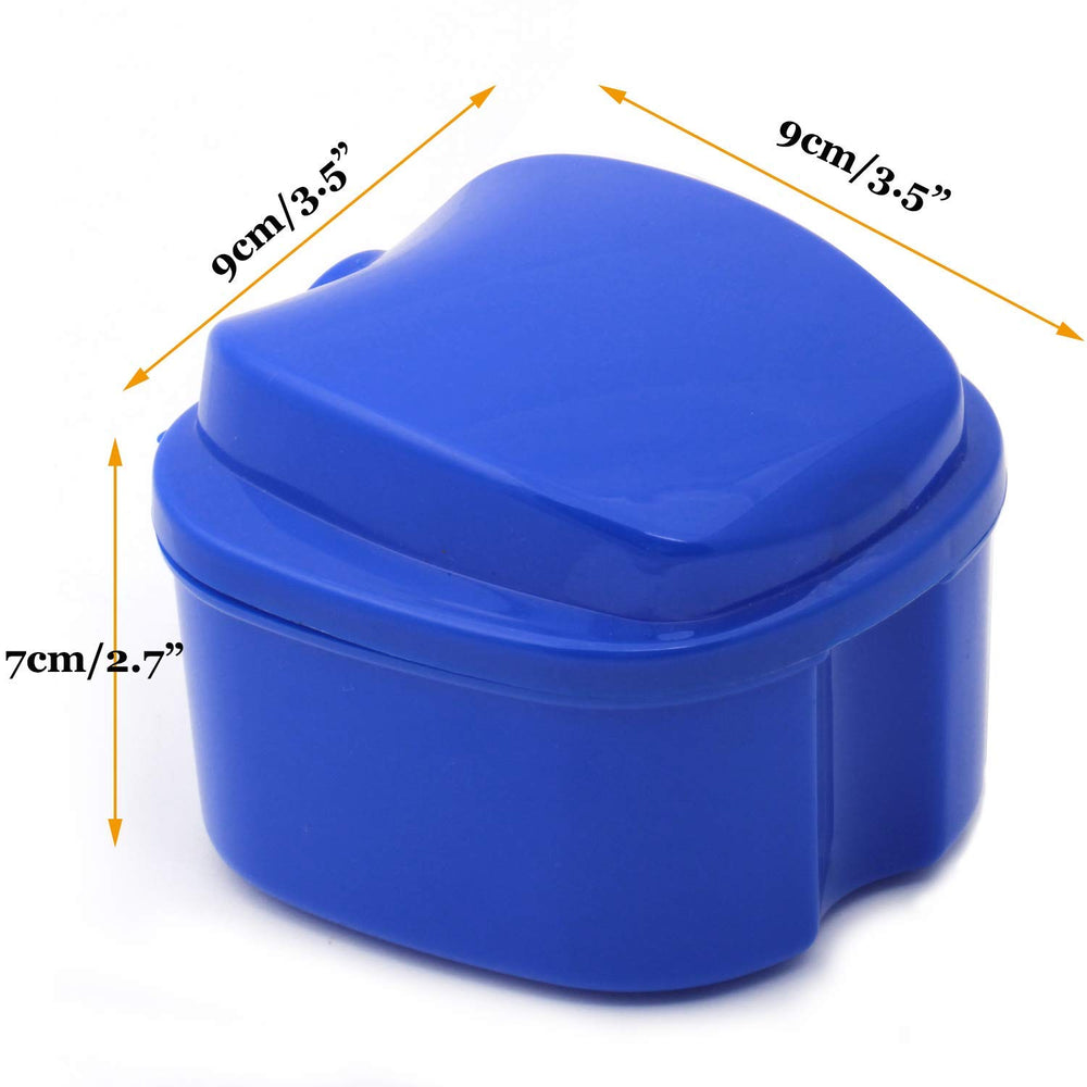 Denture Case, Denture Cup with Strainer, Denture Bath Box False Teeth Storage Box with Basket Net Container Holder for Travel, Retainer Cleaning (Blue) (Dark Blue)