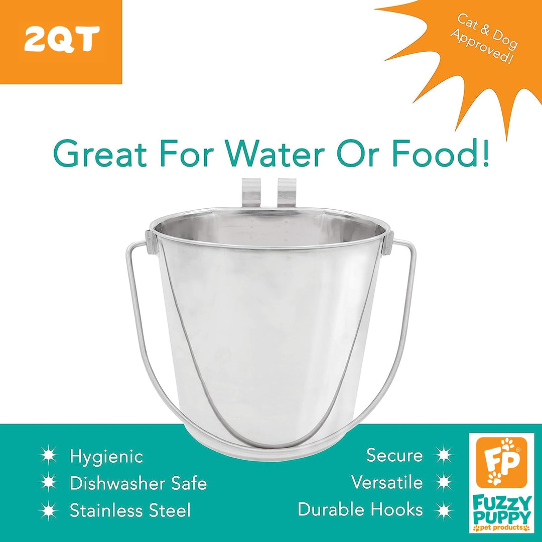 Fuzzy Puppy Flat Sided Pail with Dual Hooks, Snugly Fit On Dog, Cat and Critter Crates & Cages, Heavy Duty Stainless Steel | 2 Quart (PN: FSP-2)