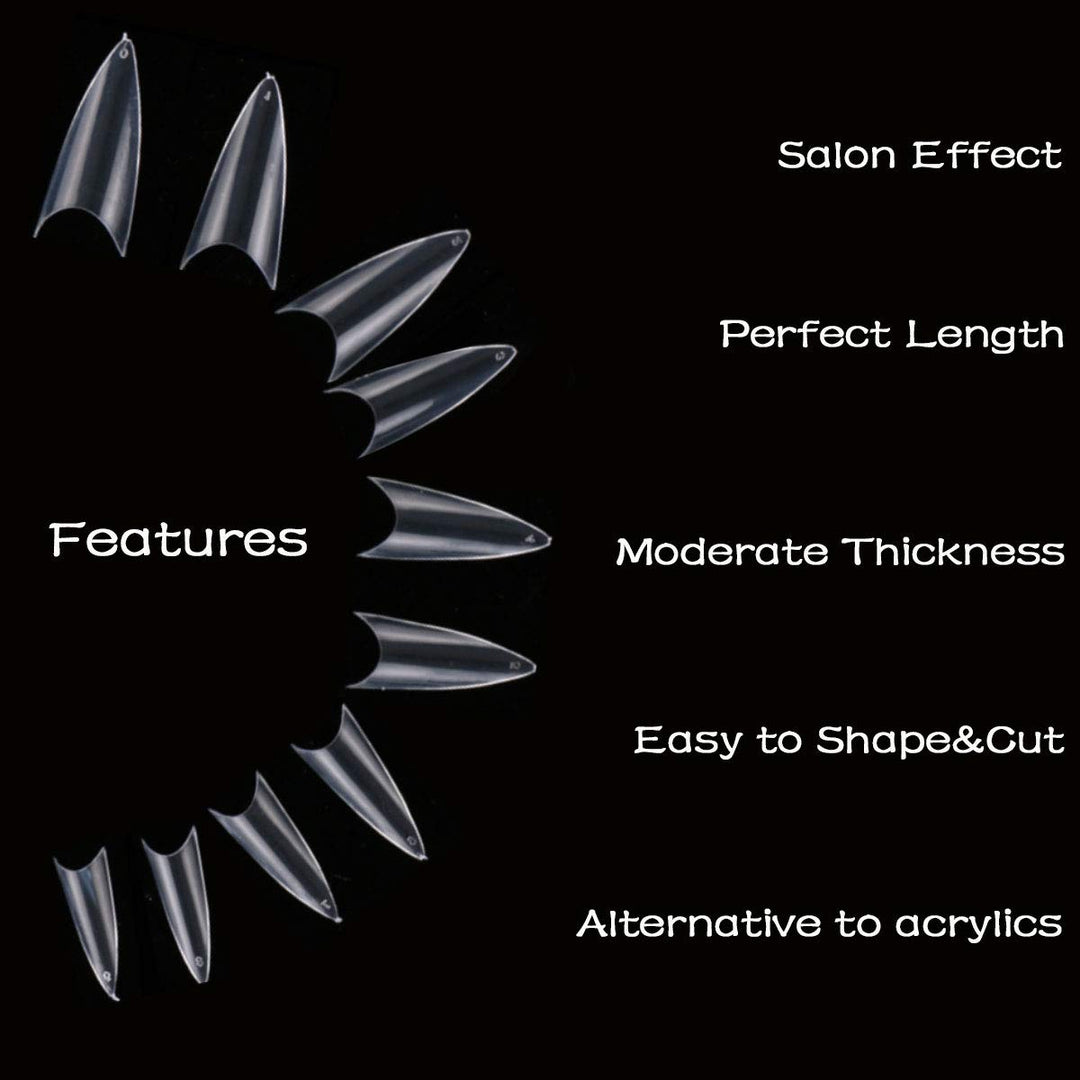 Kissbuty 500 PCS Stiletto Nails Clear Color Sharp Ending False Acrylic Nail Art Tips 10 Sizes With Box Perfect Length for Nail Salons and DIY Nail Art at Home(Clear Stiletto Nails)