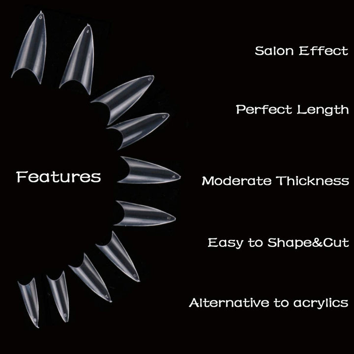 Kissbuty 500 PCS Stiletto Nails Clear Color Sharp Ending False Acrylic Nail Art Tips 10 Sizes With Box Perfect Length for Nail Salons and DIY Nail Art at Home(Clear Stiletto Nails)