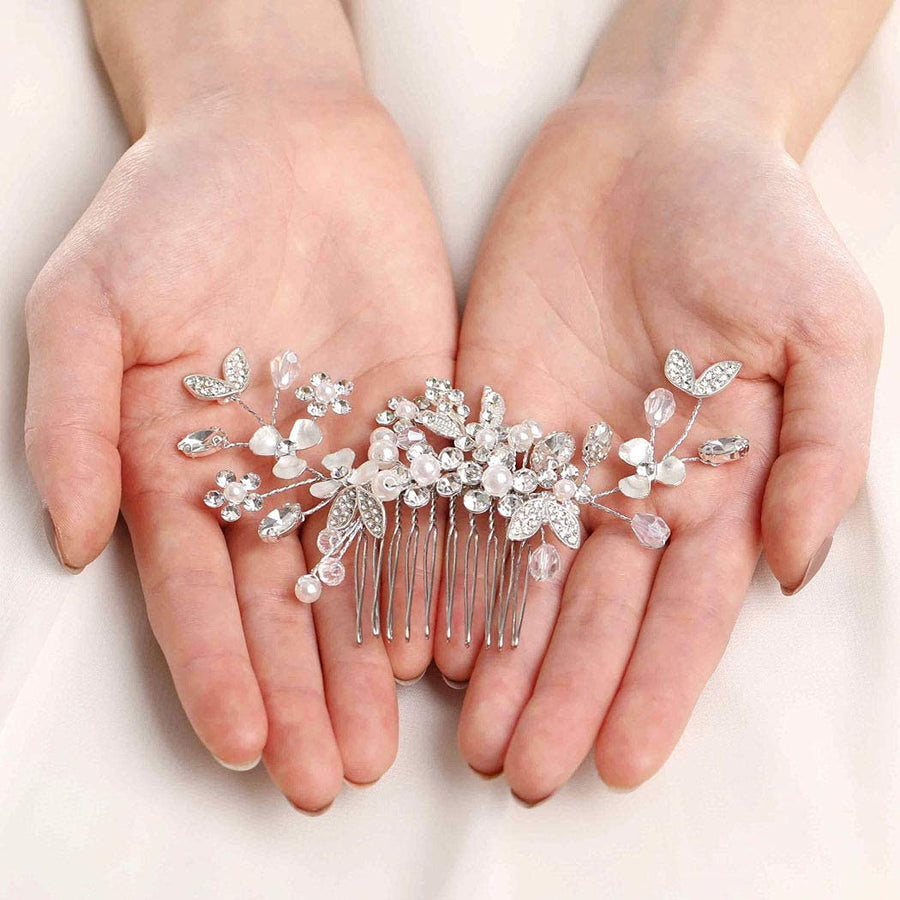 Bride Wedding Leaf Hair Combs Delicate Crystal Bridal Headpieces Flower Hair Accessories for Women and Girls (Silver)