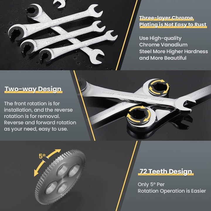 Tubing Ratchet Wrench Set Metric 9pcs(8-17mm), Combination Ratcheting Wrench Set with Open-end Fixed Head, 72 Gears CR-V Chrome Vanadium Steel Constructed