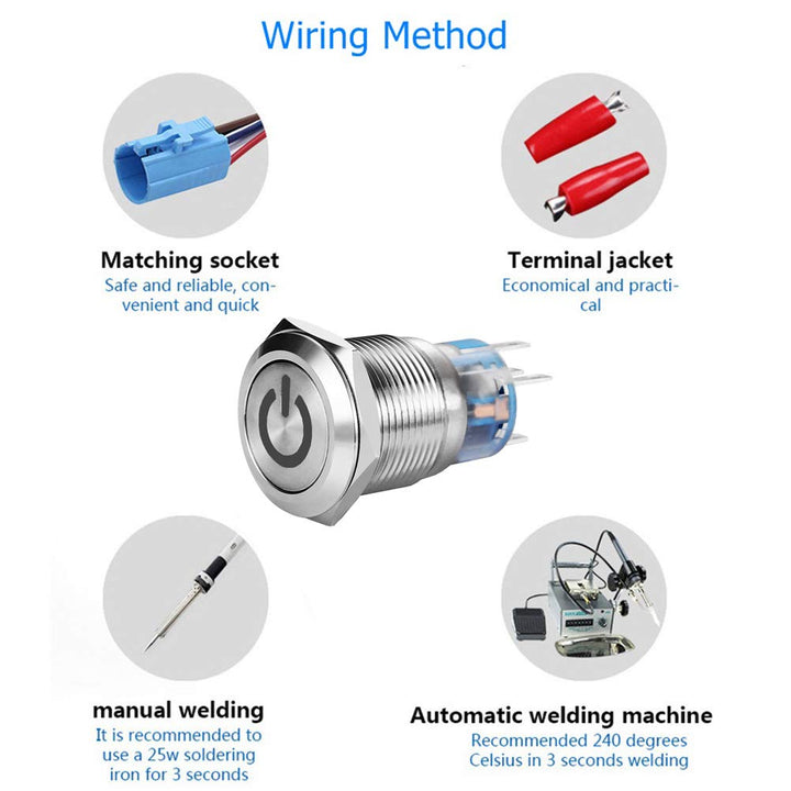 19mm 3/4 Latching Pushbutton Switch LED 12V DC 5A Power Symbol ON-OFF Waterproof Toggle Switch Stainless Steel Shell with Wire Connector Plug(Red light)