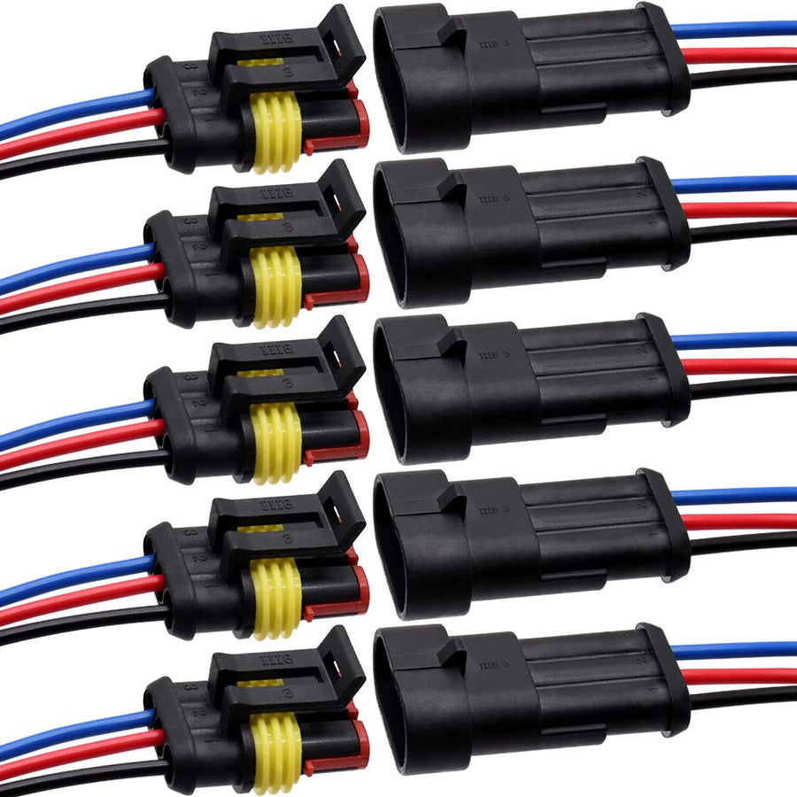 3 Pin Connector Waterproof Connector, Male and Female Way 16 AW Wire Suitable for car Truck, Boat and Other Wire Connection 5 kit