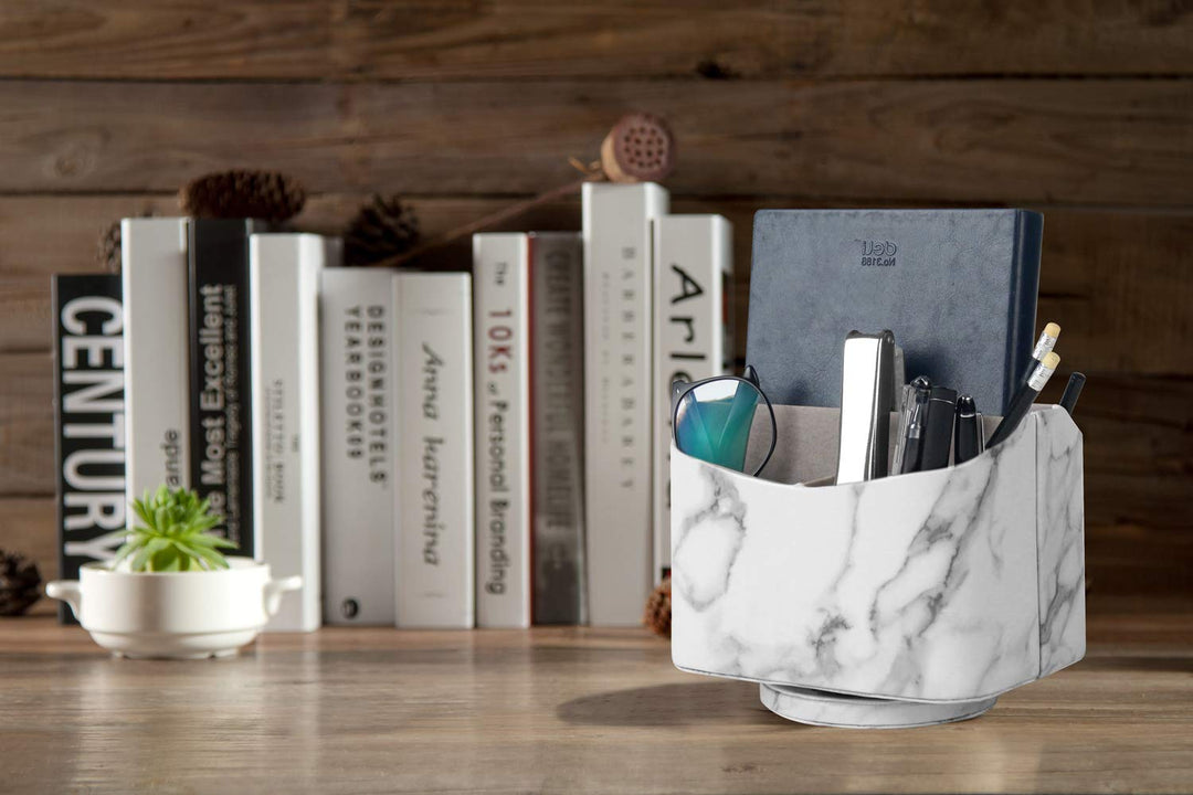 Spinning Remote Control Holder, Remote Controller Holder, Remote Caddy, Media Storage Organizer, Spinning Remote Control Organizer, 7.3X 5.5 x 6 inches, Marble PU Leather