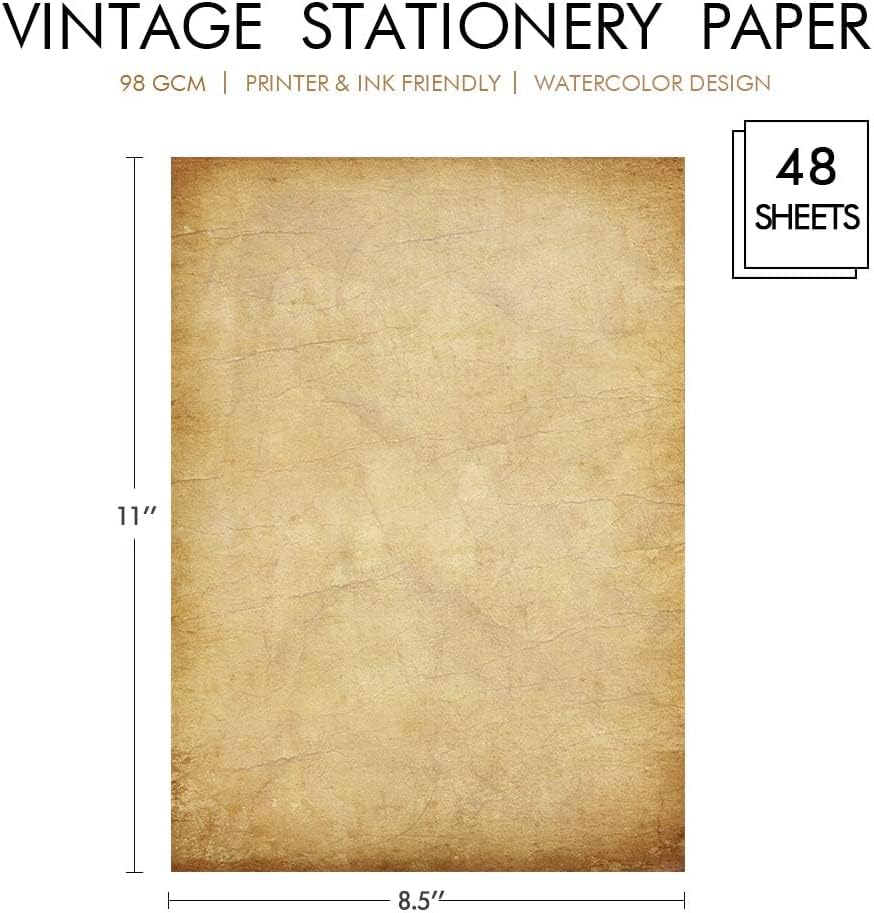 48 Pack Antique Vintage Stationary Paper, 8.5x 11 Parchment Paper for Writing and Printing, Double Sided Antique Old Aged Scrapbook for Journal, Calligraphy, Invitations and Certifications