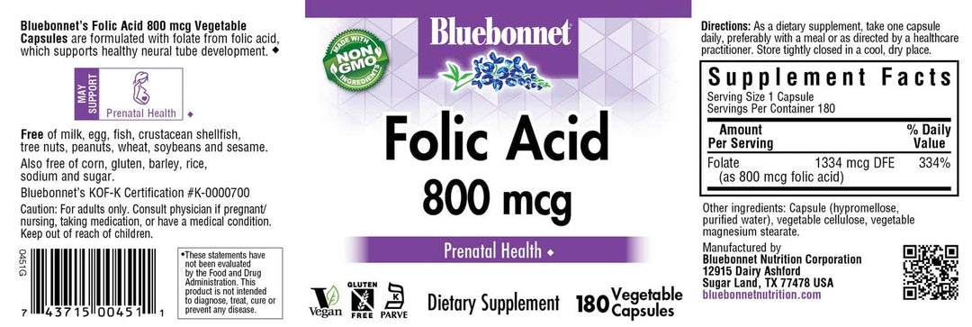 Nutrition Folic Acid 800mcg, Healthy Neurological Development, Soy, Dairy & Gluten Free, Non-GMO, Kosher Certified, Vegan, Vegetable Capsules, 180 Count