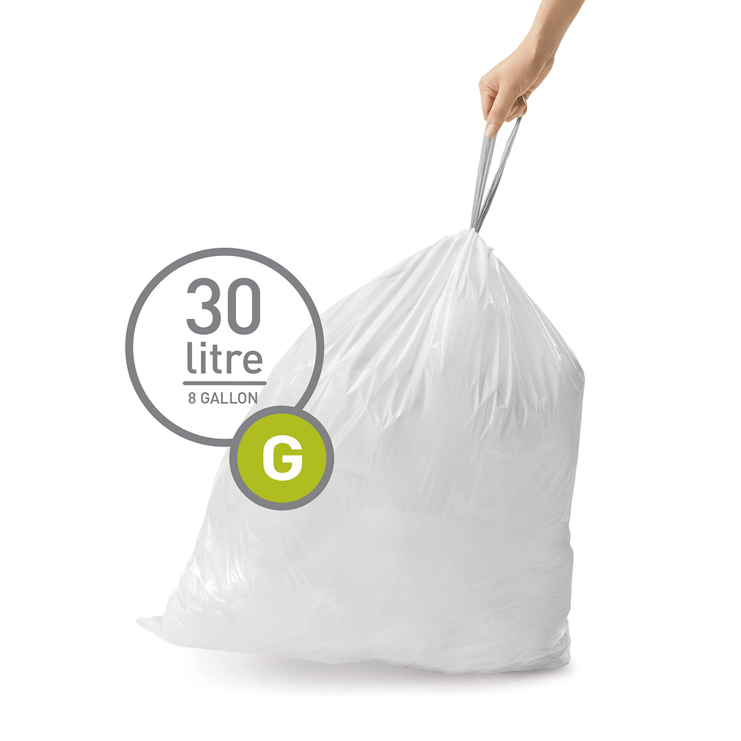 Code G 60 Count, Genuine Custom Fit Liners, Drawstring Trash Bags in Dispenser Packs, 30 Liter / 8 Gallon, White