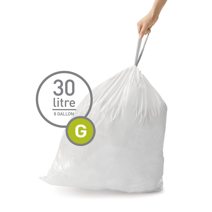 Code G 60 Count, Genuine Custom Fit Liners, Drawstring Trash Bags in Dispenser Packs, 30 Liter / 8 Gallon, White