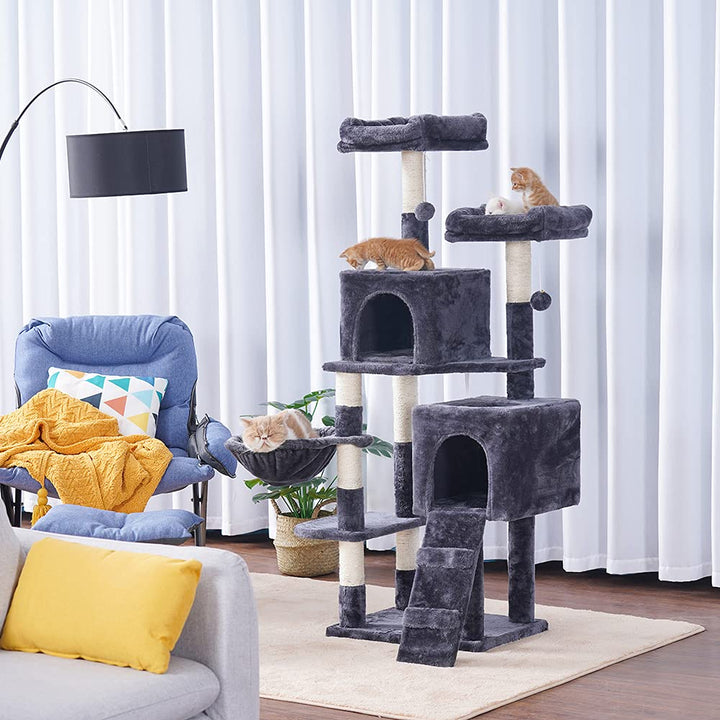 58'' Multi-Level Cat Tree Condo Furniture with Sisal-Covered Scratching Posts, 2 Plush Condos, Hammock for Kittens, Cats and Pets Smokey Gray MPJ013G