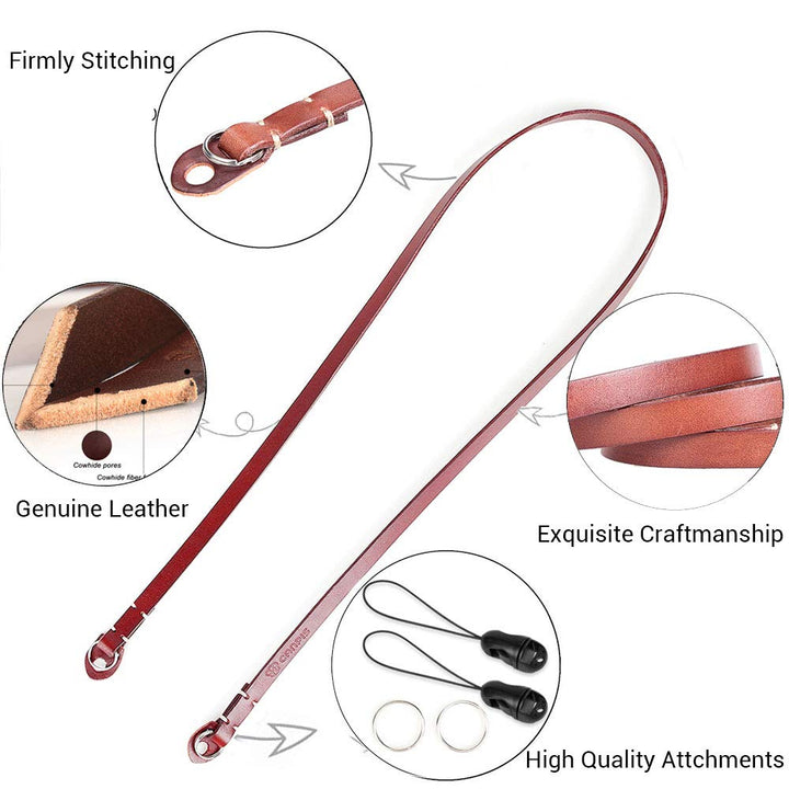Genuine Leather Camera Neck Shoulder Strap Compatible with Fujifilm Sony Olympus Panasonic Lecia Canon Nikon Mirrorless Compact Cameras (Brown, Retro Style, Slim Belt)