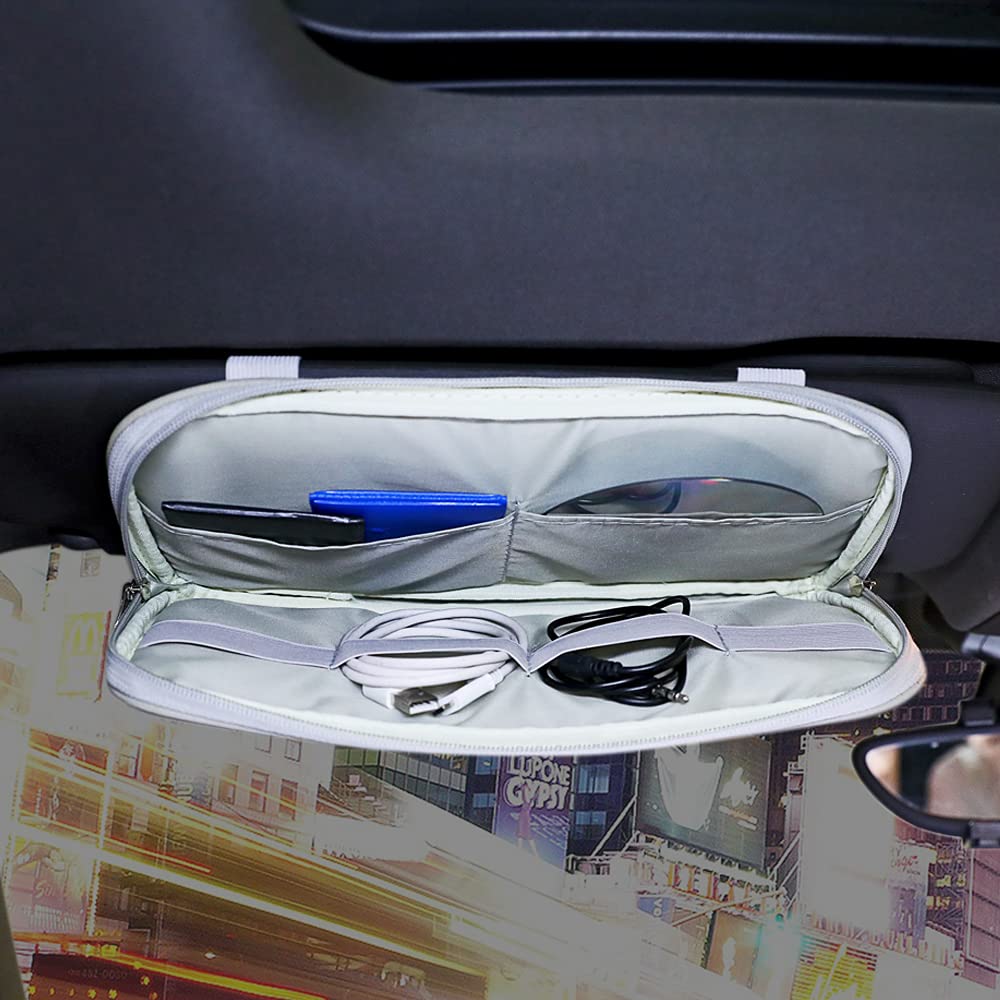 Car Sun Visor Organizer,Car Truck Storage Pouch Holder with Multi-Pocket Zipper Net,Auto Car Interior Accessories Pocket Organizer (Gray)