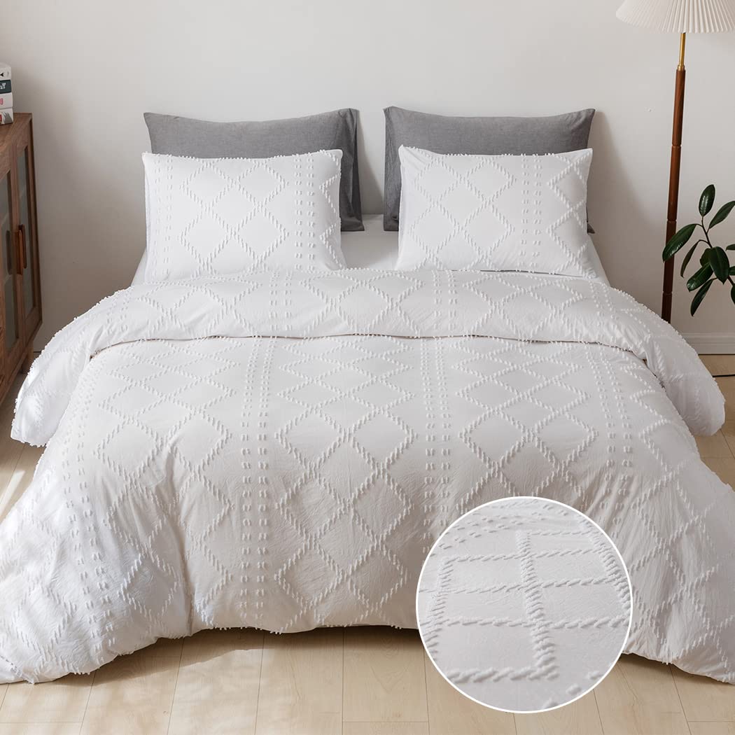 Duvet Cover Set, Boho Tufted Queen Size Bedding Set, White Embroidery Shabby Chic Breathable Ultra Soft Duvet Cover Set (1 Duvet Cover 90x90 inches + 2 Pillowcases)