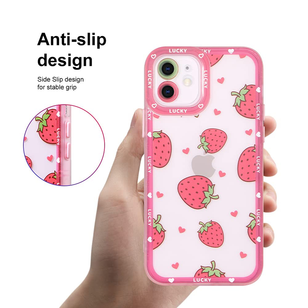 Compatible with iPhone 12 Case Pink Strawberry Cute Pattern Soft TPU Case for Girls Women + 1* Screen Protector, Camera Hole Protective Phone Case