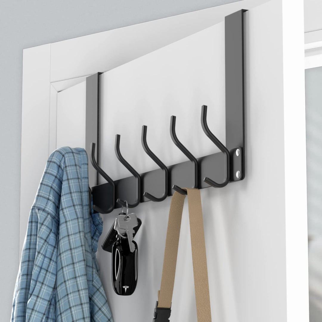 Over The Door Hook Folding without Assembly, Towel Organizer Rack for Bathroom, Heavy-Duty Door Rack with Hanger for Hanging Coat, Colthes, Shower Towel, Purse, Key, Jacket, Metal - Black
