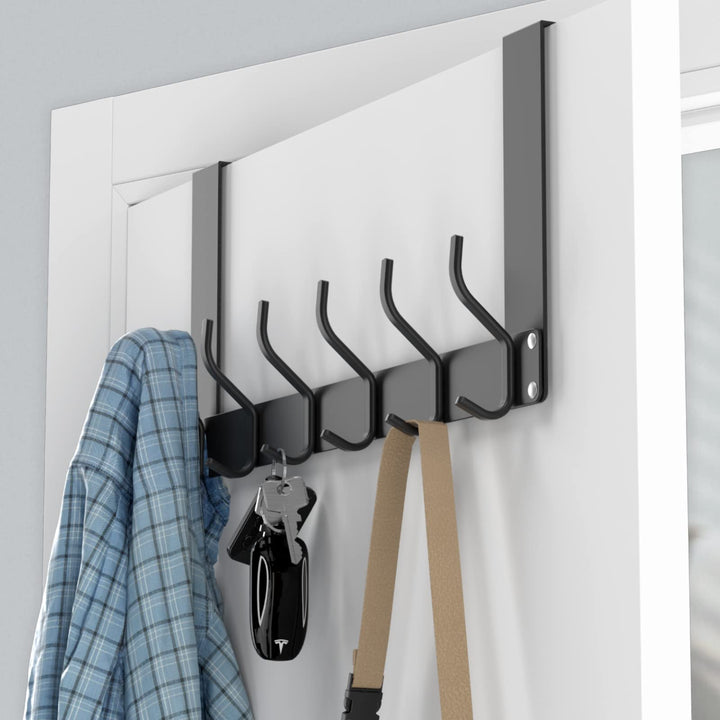 Over The Door Hook Folding without Assembly, Towel Organizer Rack for Bathroom, Heavy-Duty Door Rack with Hanger for Hanging Coat, Colthes, Shower Towel, Purse, Key, Jacket, Metal - Black