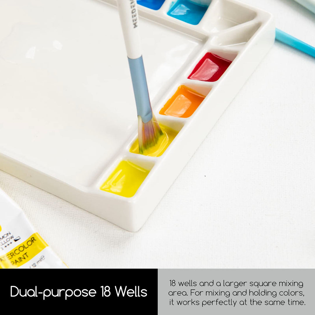18-Well Porcelain Artist Paint Palette, Mixing Art Ceramic Watercolor Paint Palette for Watercolor Gouache Acrylic Oil Painting, Rectangle 8 by 5-1/2-Inch