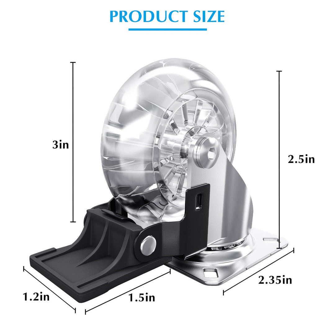 3Caster Wheels, Clear Crystal casters, casters Set of 4 Heavy Duty(1000LBS), Suitable for Furniture, Wheels for carts,Protects Floors and Slides Quietly (casters Set of 4)