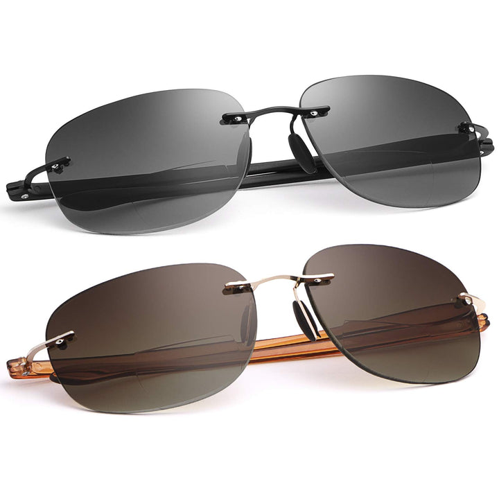 2 Pairs Rimless Bifocal Reading Glasses UV400 Protection Sunglasses Blue Light Blocking Lightweight Sun Readers for Unisex Men Women Outdoor Driving Safety Eyeglasses Tinted Lens Shades Eyewear 2.0