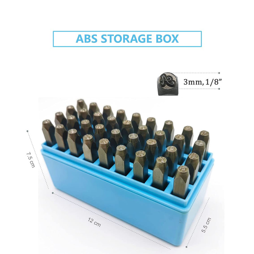 QueenLeather 36PCS 3mm (1/8) Letter & Number Metal Stamping Kit Uppercase Steel Punch Making Set Press Tool for Imprinting Jewelry Wood Leather (Cursive Font)