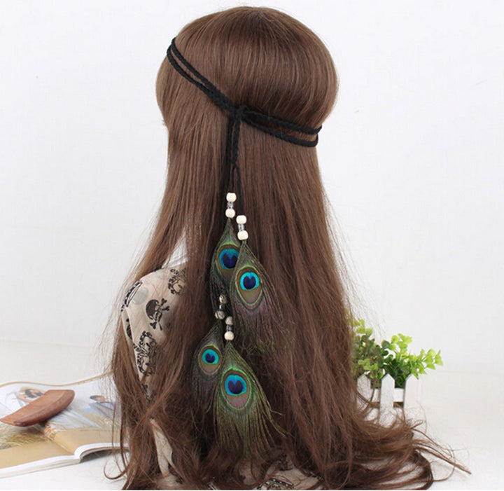 Indian Peacock Feather Headdress Headband Bohemian Tassel Hairband Head Chain Headwear Hair Styling Accessories for Women Girls Handmade
