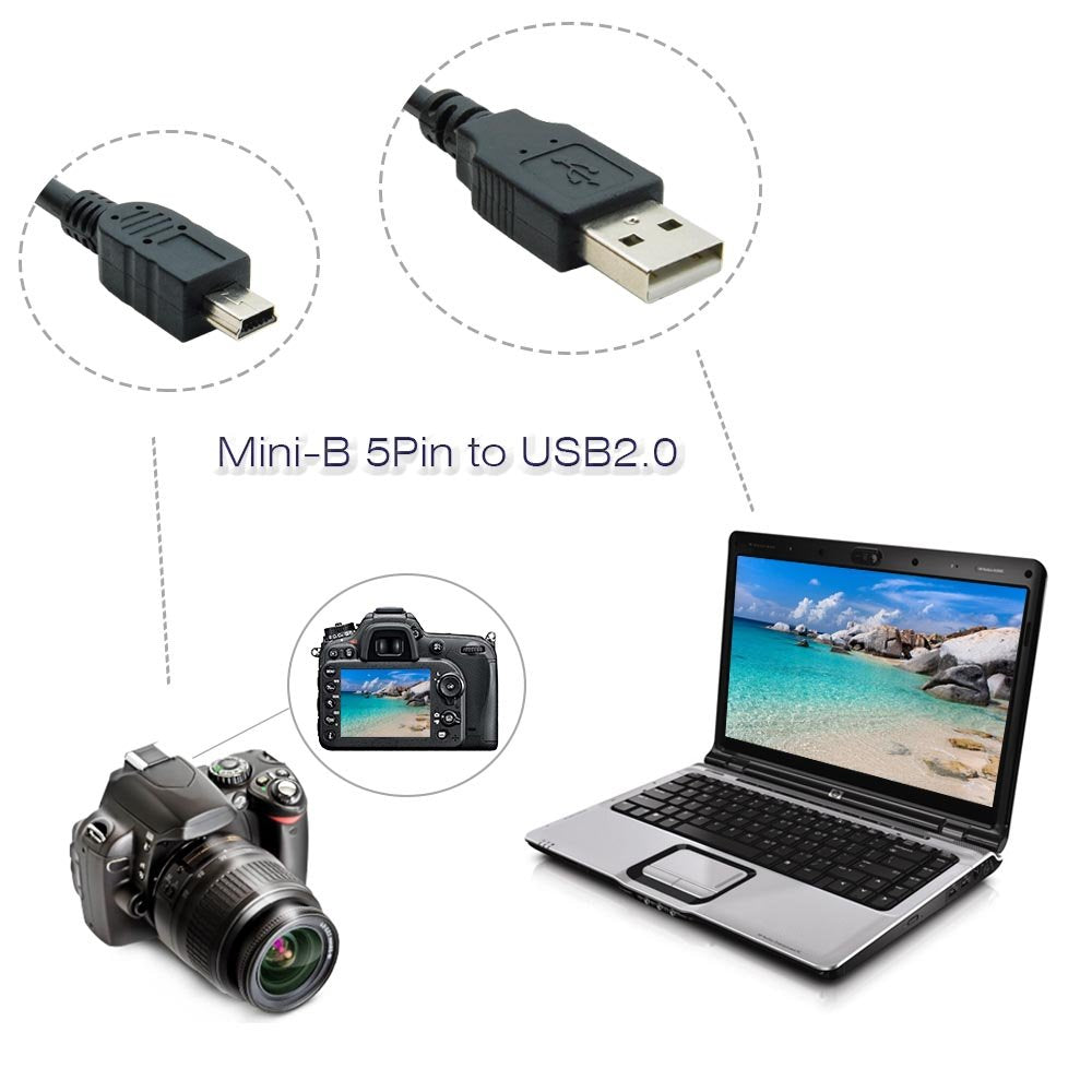 1FT Black USB 2.0 Mini 5pin Cable - A-Male to Mini-B Cord for GoPro Hero3, PS3 Controller, Digital Camera, Calculator, Dash Cam, MP3 Player, GPS Receiver, Garmin Nuvi GPS