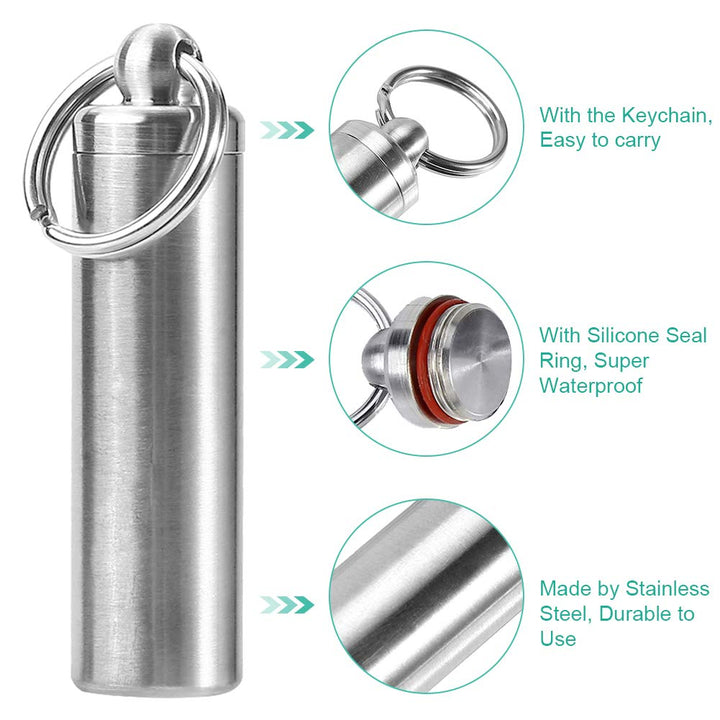 15mm Keychain Container, Stainless Steel Waterproof Medicine Pill Bottle Keychain Pill Box Case Container Keychain Keychain Pill Holder Stainless Steel Pill Case Container For Airborne Tablets
