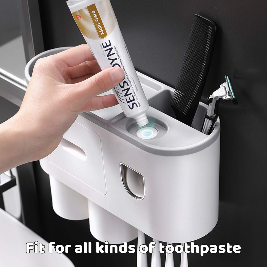 Toothbrush Holder Wall Mounted,Automatic Toothpaste Dispenser Kit with 4 Toothbrush Slots and Drawer Magnetic,Space-Saving Toothbrush Storage, Bathroom Organizer (2 Cups)
