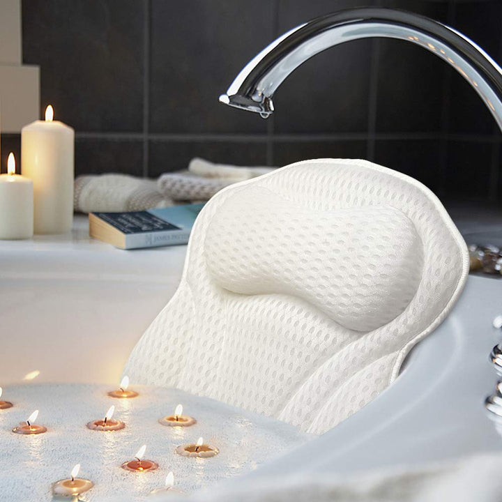 Luxury Bath Pillow, Ergonomic Bathtub Spa Pillow with 4D Air Mesh Technology and 6 Suction Cups, Helps Support Head, Back, Shoulder and Neck, Fits All Bathtub, Hot Tub and Home Spa(US Patent)