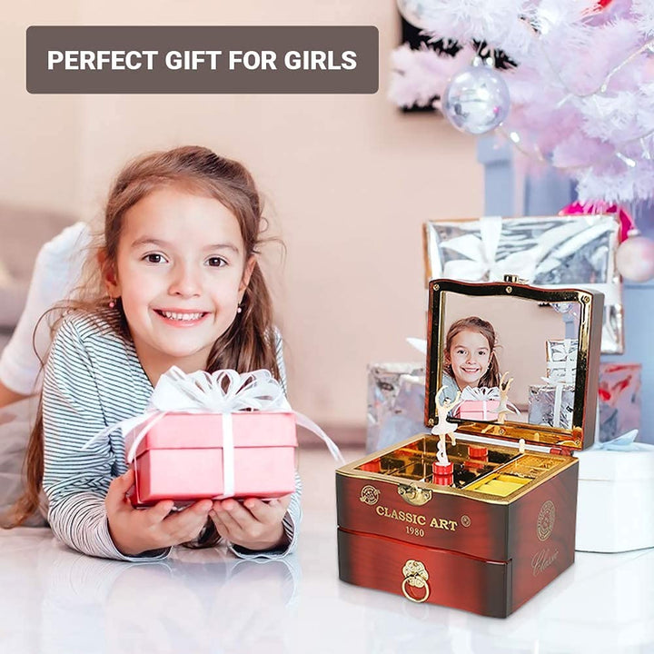 Musical Jewelry Box, Ballerina Themed Girl Musical Jewellery Box, White Wind Up Kids Music Case with Drawer and Swan Lake Tune Gift for Daughter Girlfriend on Birthday Christmas Valentine's (Brown)