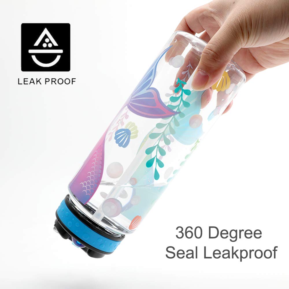 Cute Water Bottle with Straw for School Kids Girls, BPA FREE Tritan & Leak Proof & Easy Clean & Carry Handle, 23oz/ 680ml - Mermaid