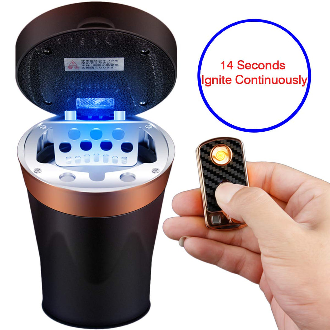 Car Ashtray Detachable Ceramics with Lid Led Light and Removable Lighter Solar Energy and USB Dual Charging for Most Car Cup Holder(1. Black with Lighter)