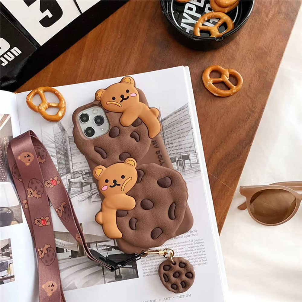 for iPhone 13 Pro Max Case Cookie Bear Kawaii Phone Cases,Cute Case with Strap Lanyard 3D Cartoon Bear Soft Silicone Protective Case Funny Women Girls for iPhone 13 Pro Max
