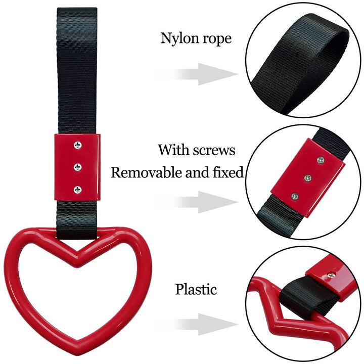 2 Pieces Heart-shaped Jdm Tsurikawa Rings SUV Bus Car Handle Straps Japanese Bosozoku Subway Ring for Car Warning and Interior Exterior Decoration (Red/Black)