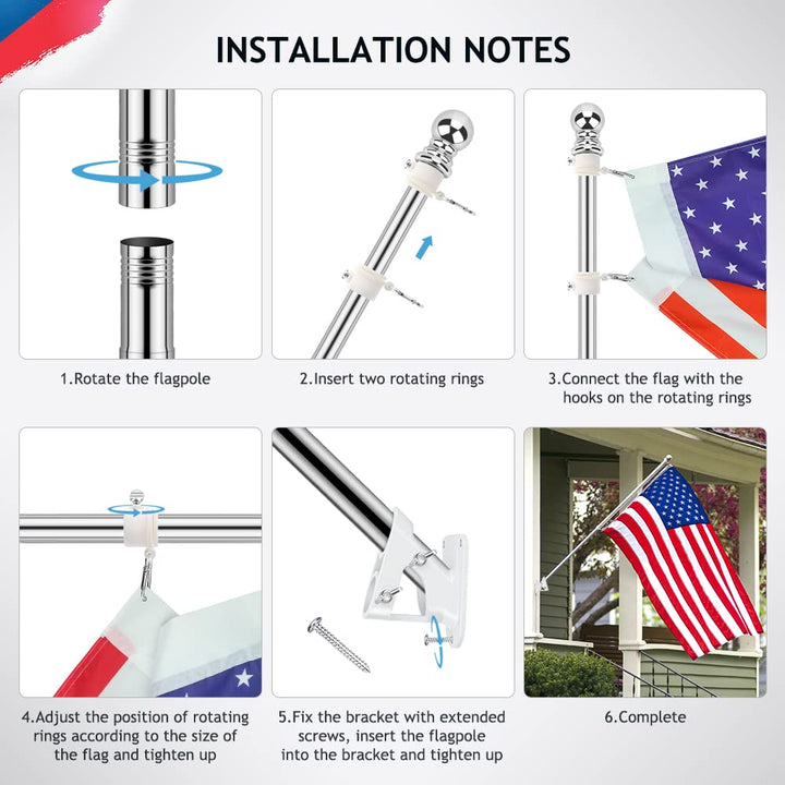 Flag Poles for Outside House, 6ft Flag Pole with Bracket and Rings, Stainless Steel Wall Mounted Flag Pole Kit for House Yard Garden Outdoor Residential or Commercial (Silver)