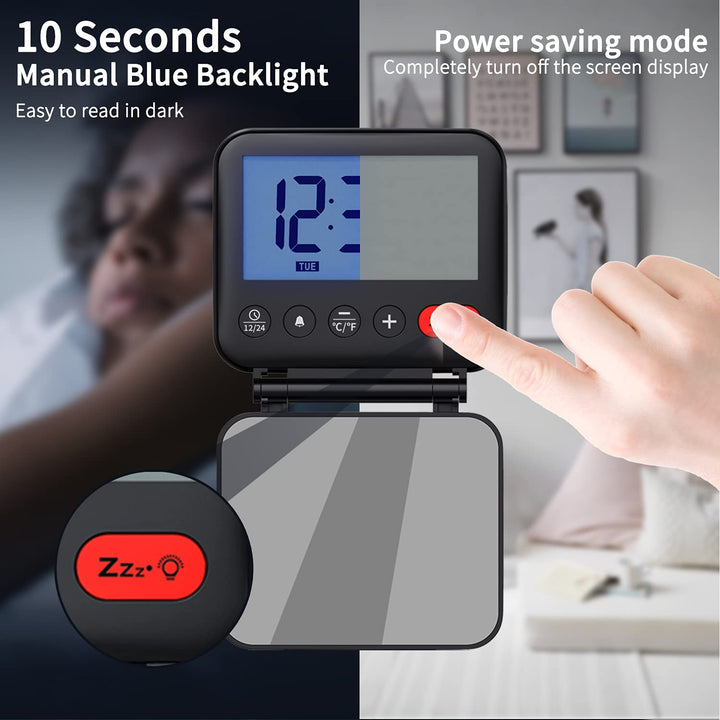 Digital Travel Alarm Clock for Bedroom Office: Small LCD Desk Clock with Backlight Date Temperature Snooze 12/24H Weekend Mode and Mirror, Battery Powered Folding Bedside Clock for Adult Kids