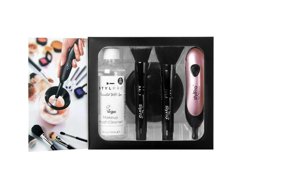 STYLPRO Premium Electric Makeup Brush Cleaner and Dryer Award Winning Gift Set including Coloured Spinning Device, Professional Brush Cleanser & 2x Makeup Brushes, Clean and Dry Brushes in Seconds