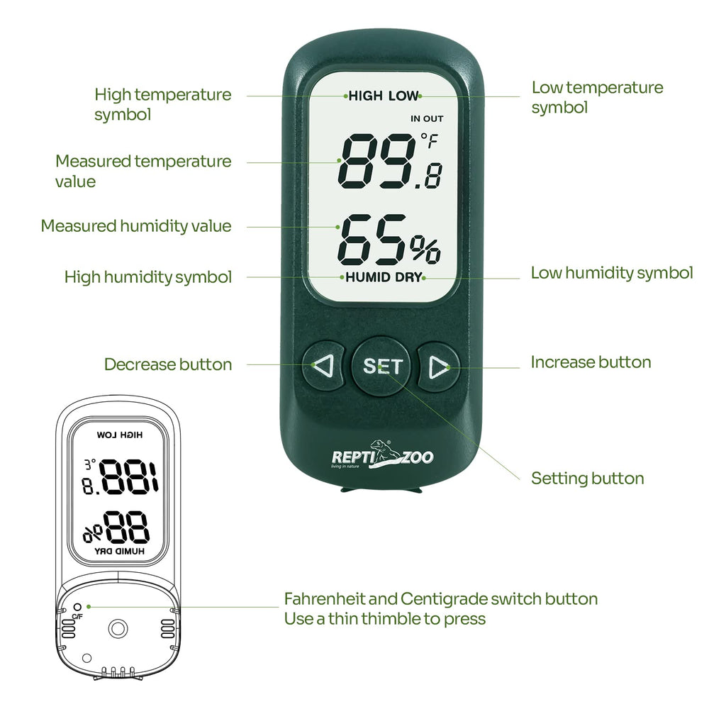 Digital Thermometer Hygrometer, High Presicion Sensitive Thermometer and Humidity Gauge for Reptile Terraium Aquarium with High and Low Alarm Function, Large Screen & 3-Sides Mounting
