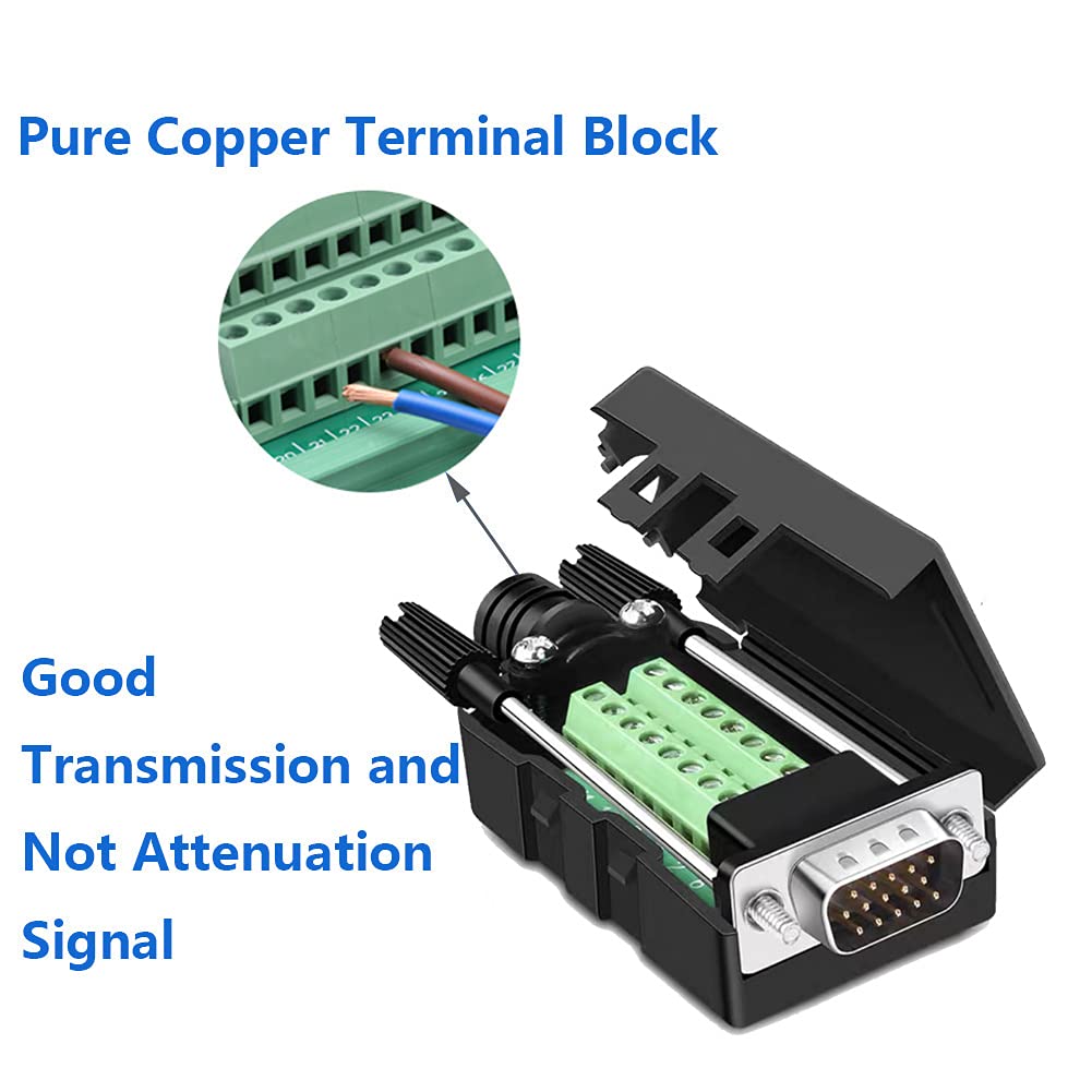 4Packs VGA DB15 3 Row Solderless Male Quick Connector, 3+9 D-SUB 15 Pin Port Terminal Solderfree Breakout Connector Board with Case Accessories Long Bolts
