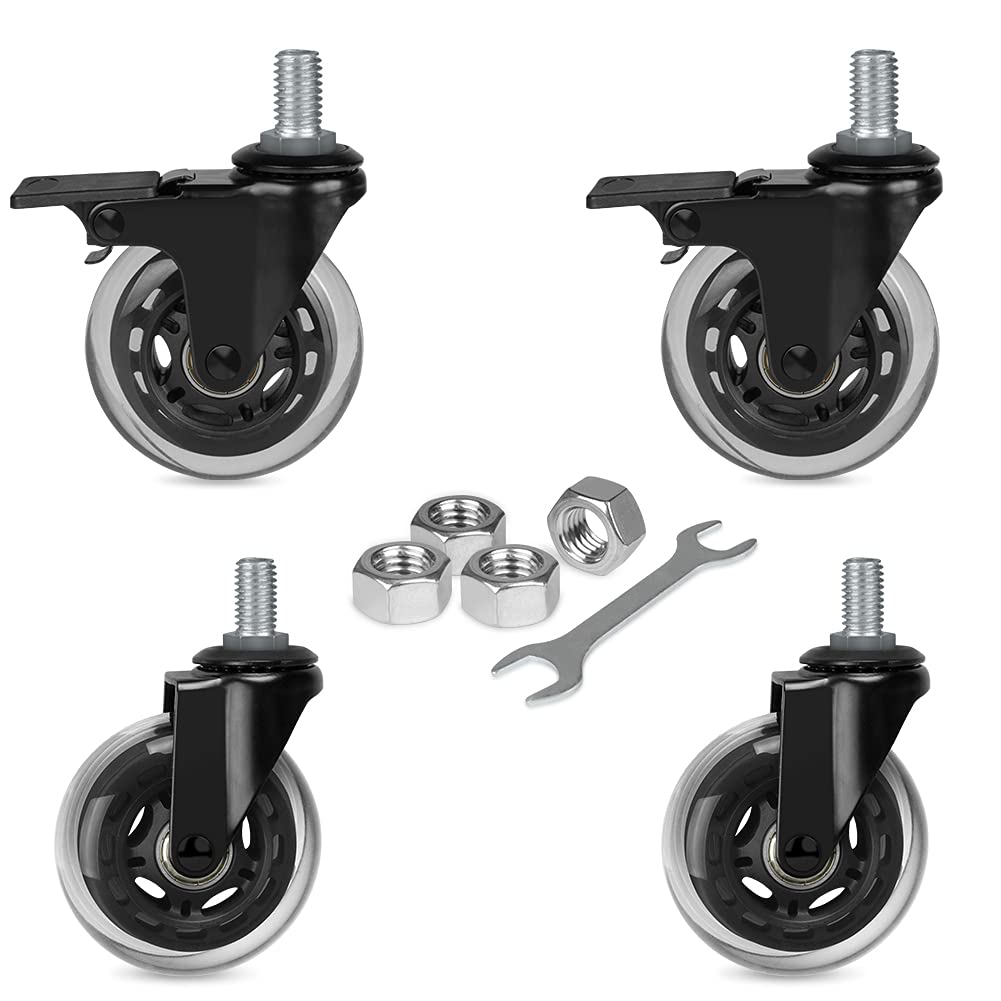 3 Swivel Caster No Noise Industrial Castors with Thread Stem 1/2-13 Locking Casters for Furniture DIY Tools with Hex Lock Nuts(2 with Brakes & 2 without)