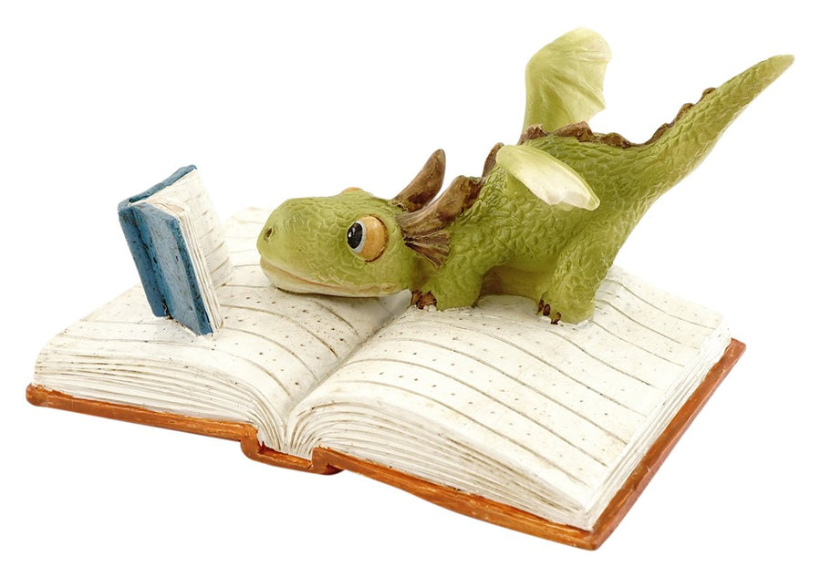 Miniature Fairy Garden and Terrarium Mini Dragon Reading Figurine, Green White