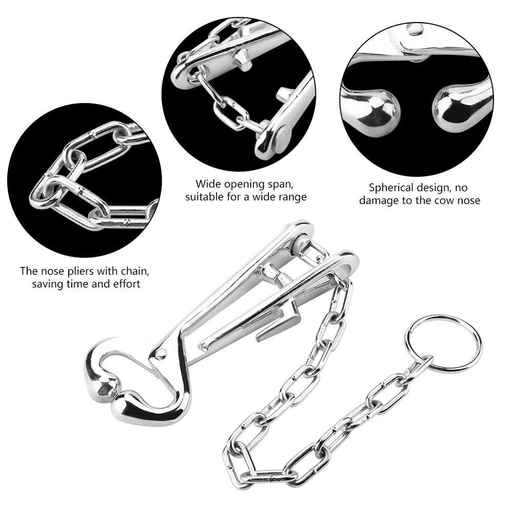 Cow Nose Pliers Stainless Steel Cattle Nose Ring Pliers Bovine Clip with Chain Pulling Tool for Farm Ranch Veterinary