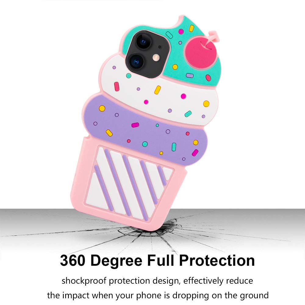 Cute Case Compatible with iPhone 11 Case, Ice Cream Funny 3D Cartoon Cupcakes Shaped Soft Silicone Full Protection Shockproof Cases Cover for Girls Kids Women