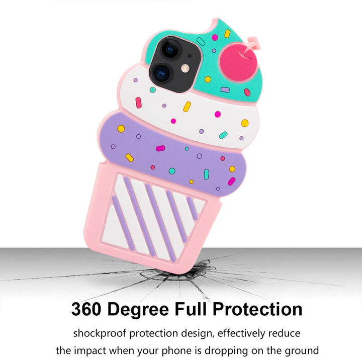 Cute Case Compatible with iPhone 11 Case, Ice Cream Funny 3D Cartoon Cupcakes Shaped Soft Silicone Full Protection Shockproof Cases Cover for Girls Kids Women