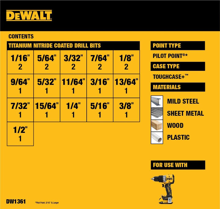 Titanium Nitride Coated Drill Bit Set, Pilot Point, 21-Piece (DW1361)