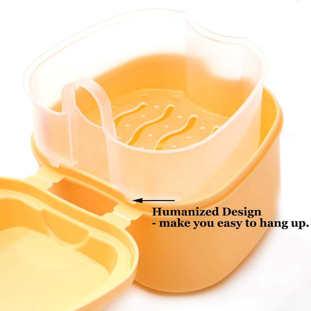 Denture Case, Denture Cup with Strainer, Denture Bath Box False Teeth Storage Box with Basket Net Container Holder for Travel, Retainer Cleaning (Blue) (Light Orange)