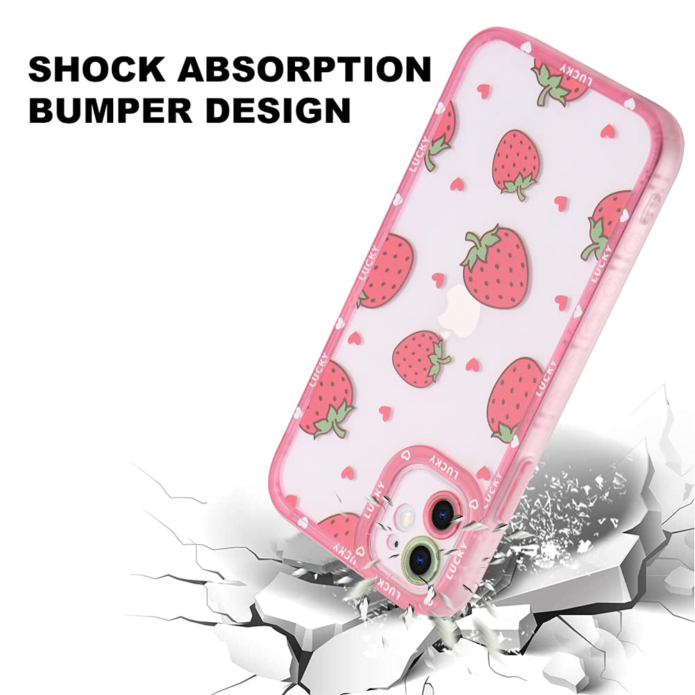 Compatible with iPhone 12 Case Pink Strawberry Cute Pattern Soft TPU Case for Girls Women + 1* Screen Protector, Camera Hole Protective Phone Case